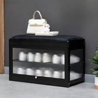 Banc de rangement à chaussures en bambou noir avec portes vitrées, entrée