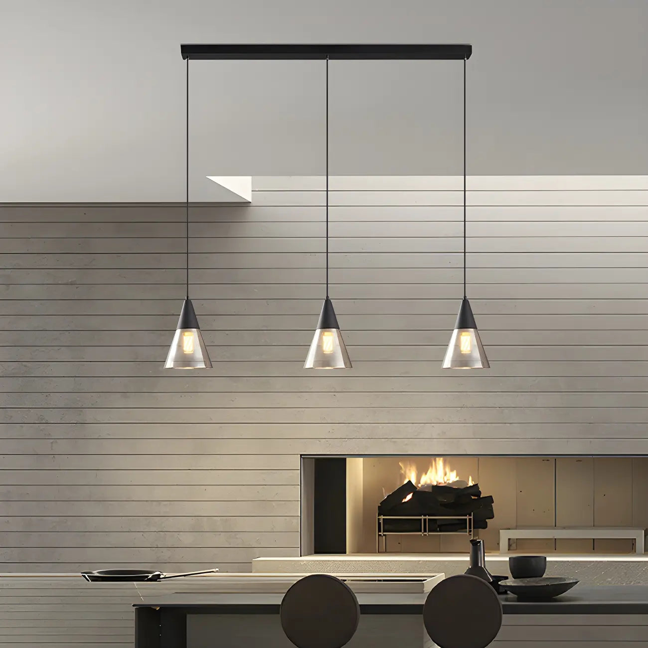 Suspension moderne conique en verre noir pour îlot de cuisine