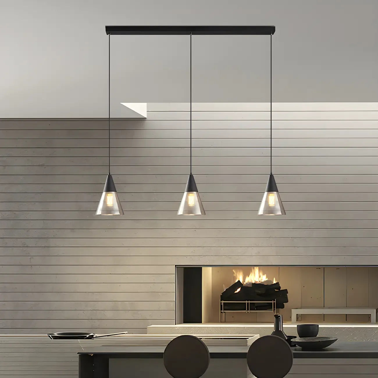 Suspension moderne conique en verre noir pour îlot de cuisine