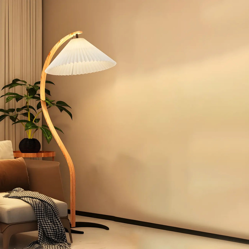 Lampadaire arqué moderne avec abat-jour conique plissé pour salon