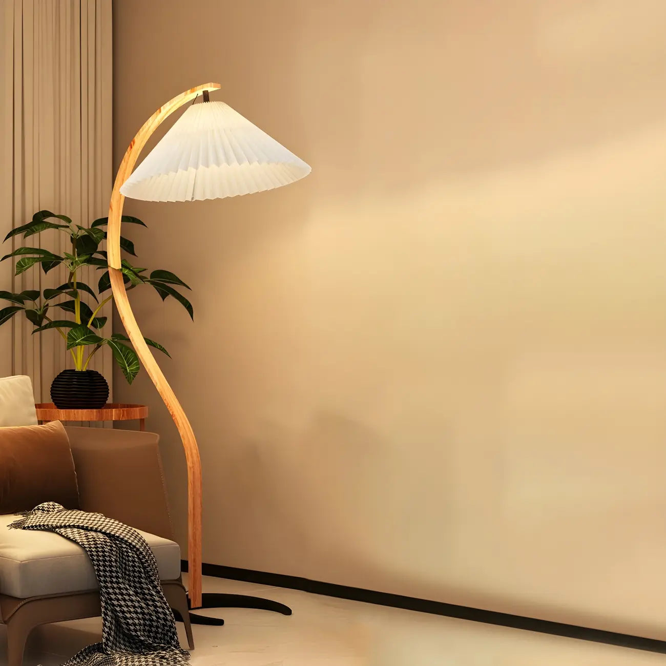 Lampadaire arqué moderne avec abat-jour conique plissé pour salon