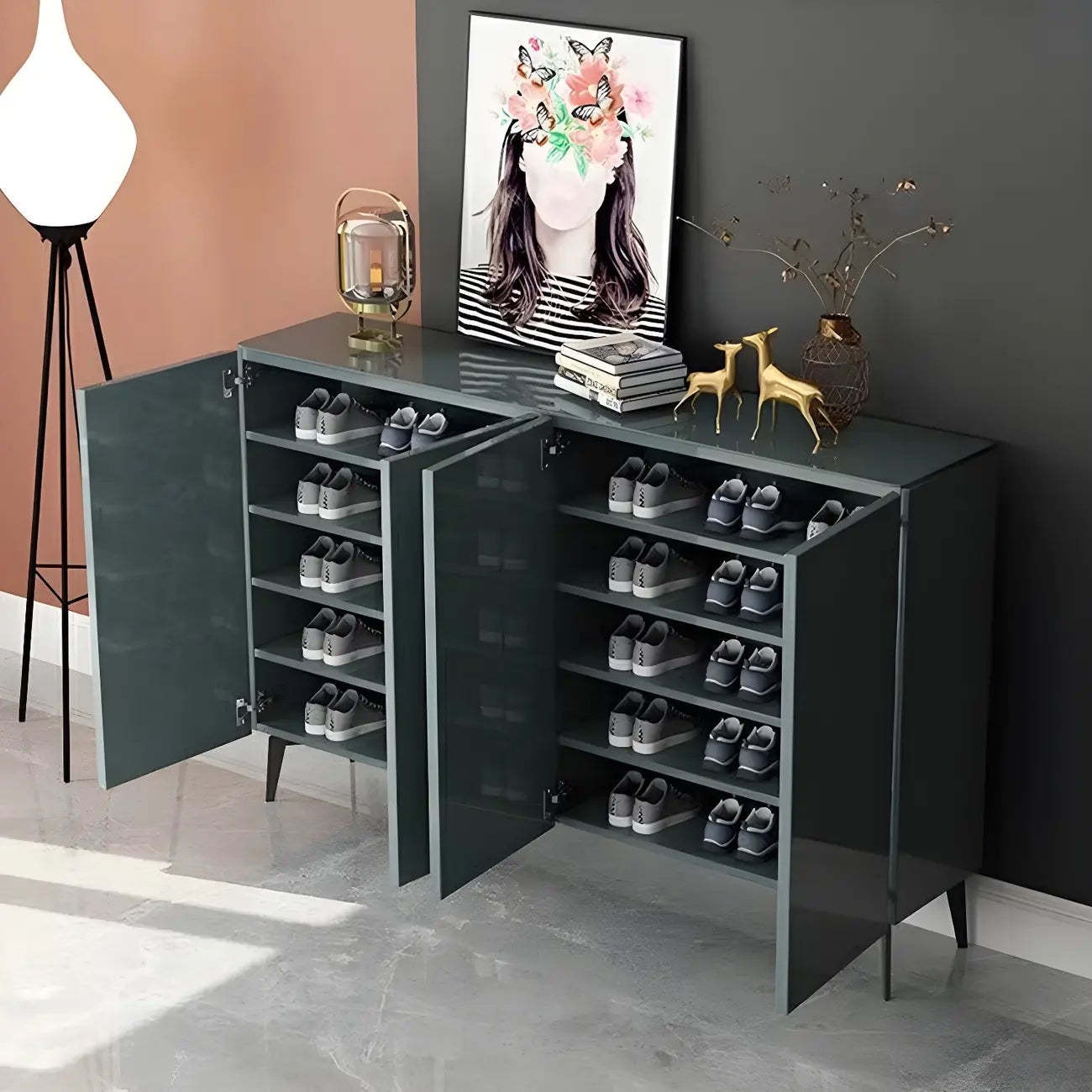 Meuble à chaussures en bois vert brillant pour entrée
