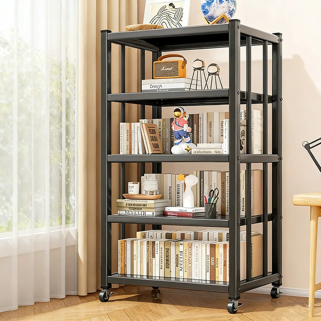 Bibliothèque roulante à 5 niveaux en métal noir de style industriel contemporain