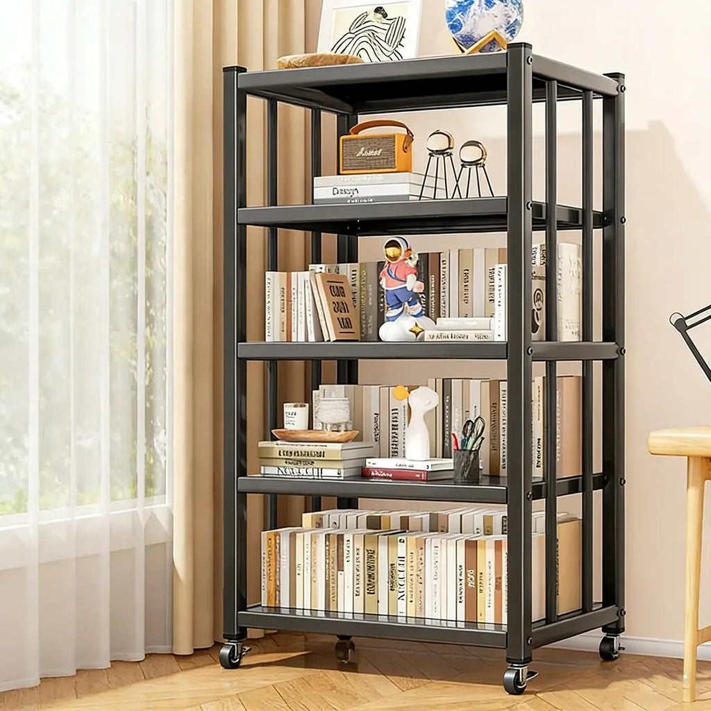 Bibliothèque roulante à 5 niveaux en métal noir de style industriel contemporain