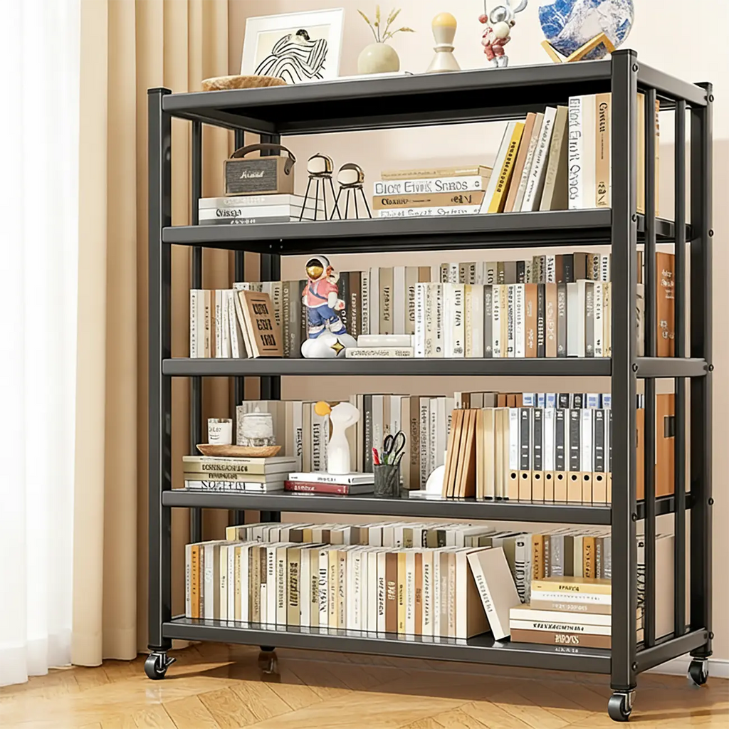 Bibliothèque roulante à 5 niveaux en métal noir de style industriel contemporain