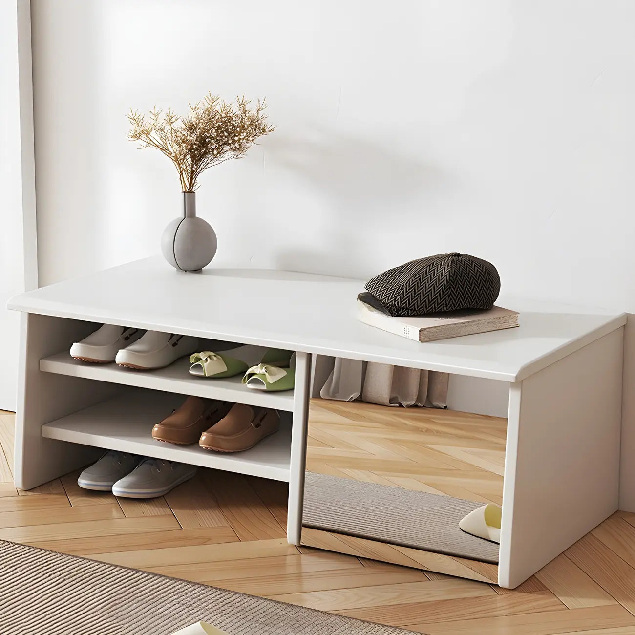 Banc à chaussures d'entrée en bois avec miroir