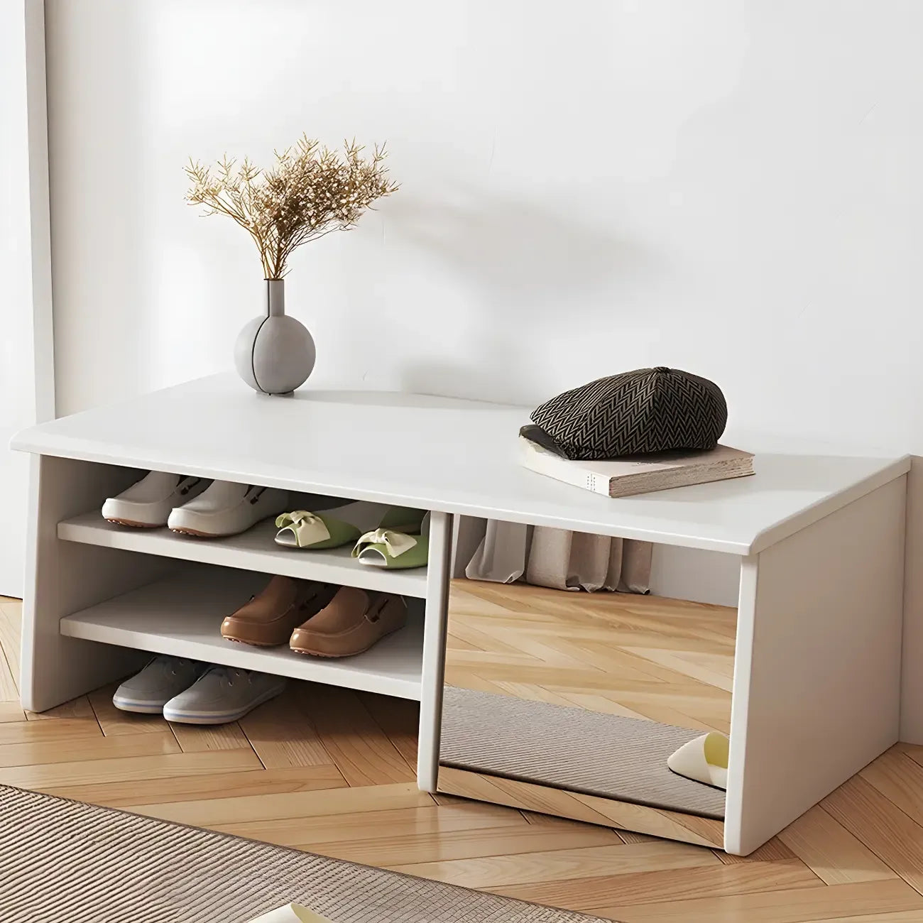 Banc à chaussures d'entrée en bois avec miroir