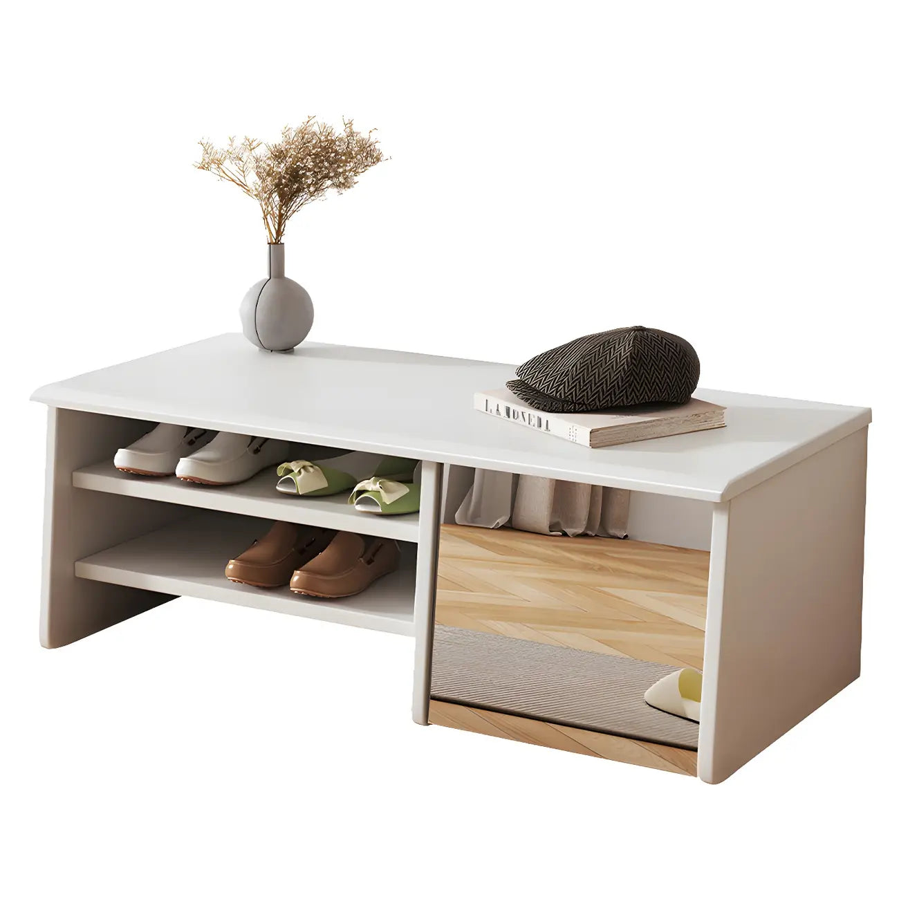 Banc à chaussures d'entrée en bois avec miroir