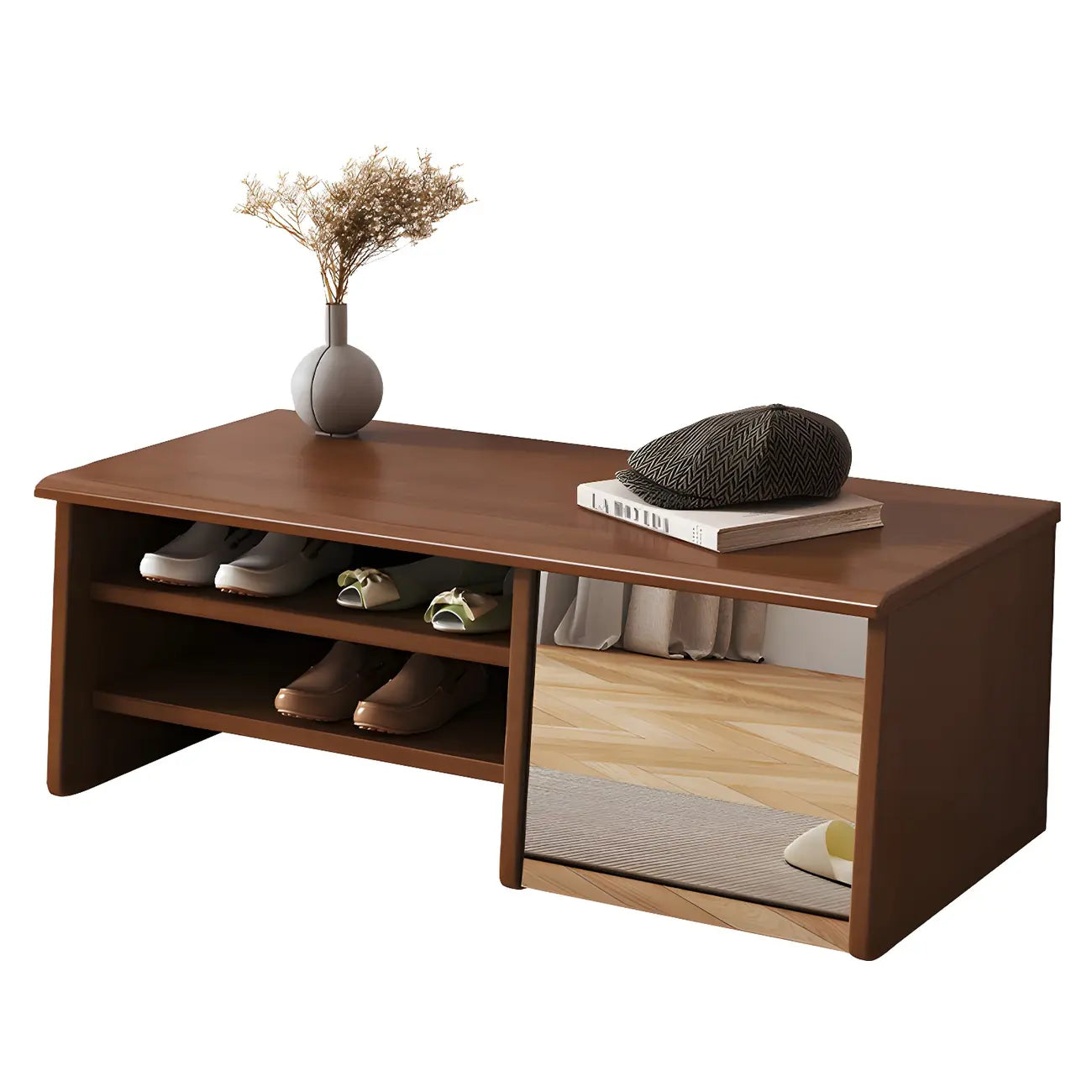 Banc à chaussures d'entrée en bois avec miroir