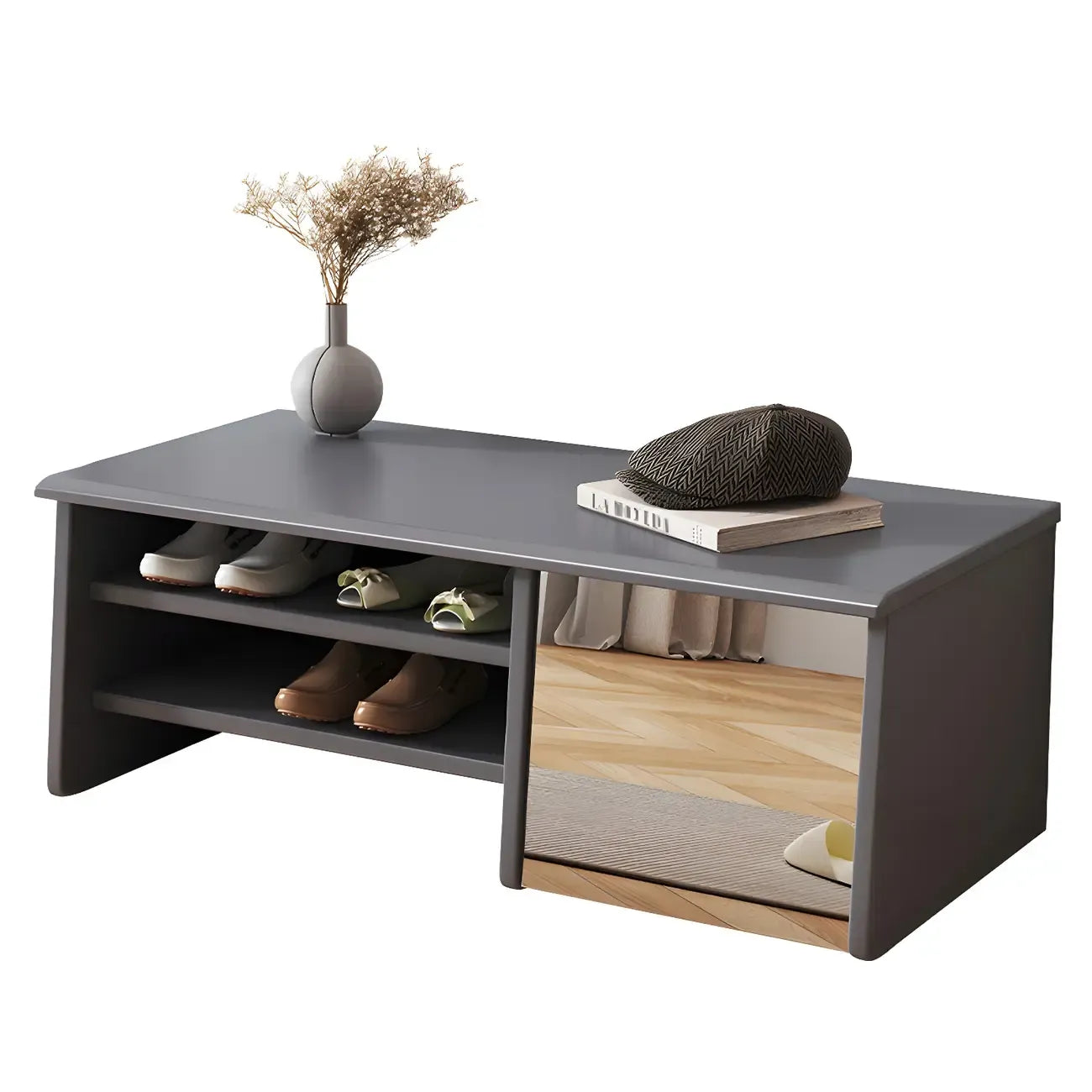 Banc à chaussures d'entrée en bois avec miroir