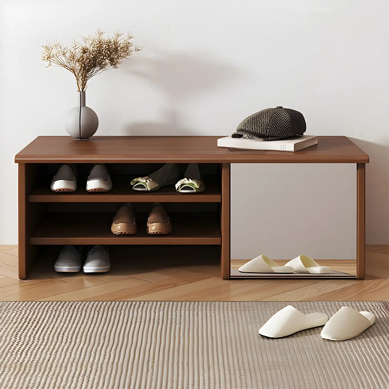 Banc à chaussures d'entrée en bois avec miroir