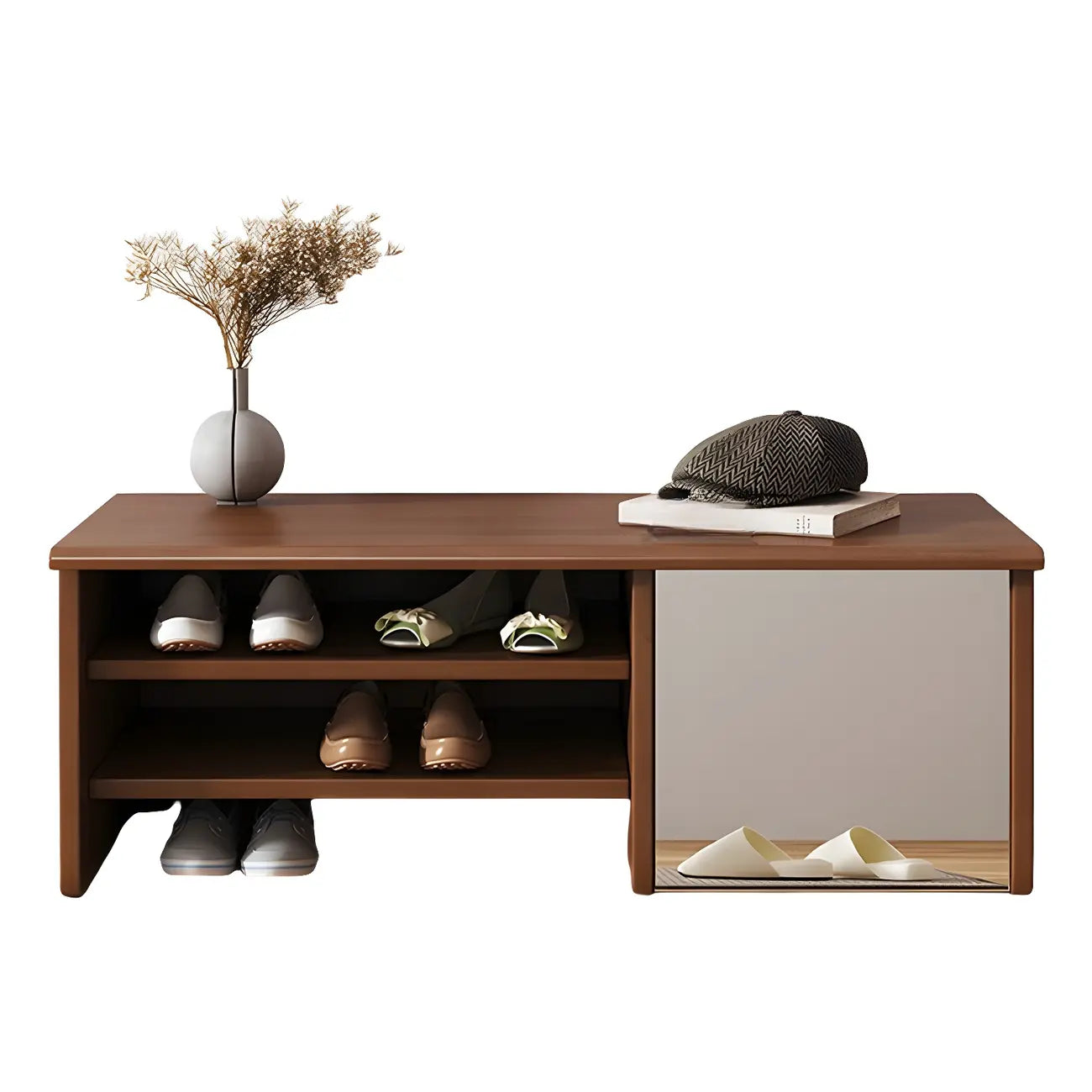 Banc à chaussures d'entrée en bois avec miroir