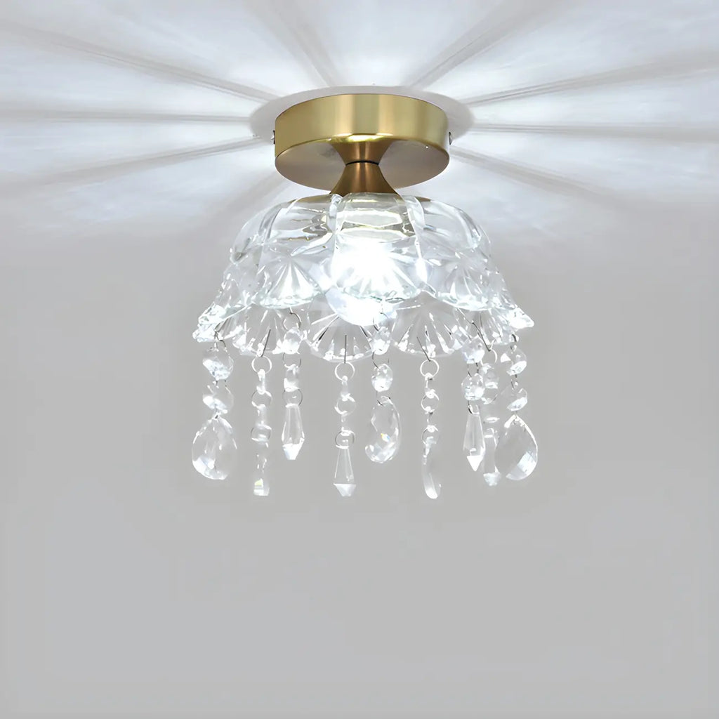 Plafonnier semi-encastré élégant en forme de dôme floral en cristal doré