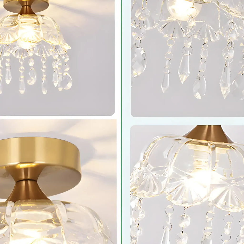 Plafonnier semi-encastré élégant en forme de dôme floral en cristal doré