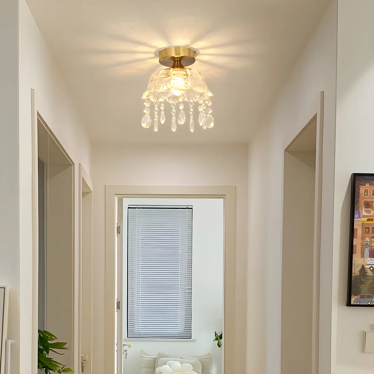 Plafonnier semi-encastré élégant en forme de dôme floral en cristal doré