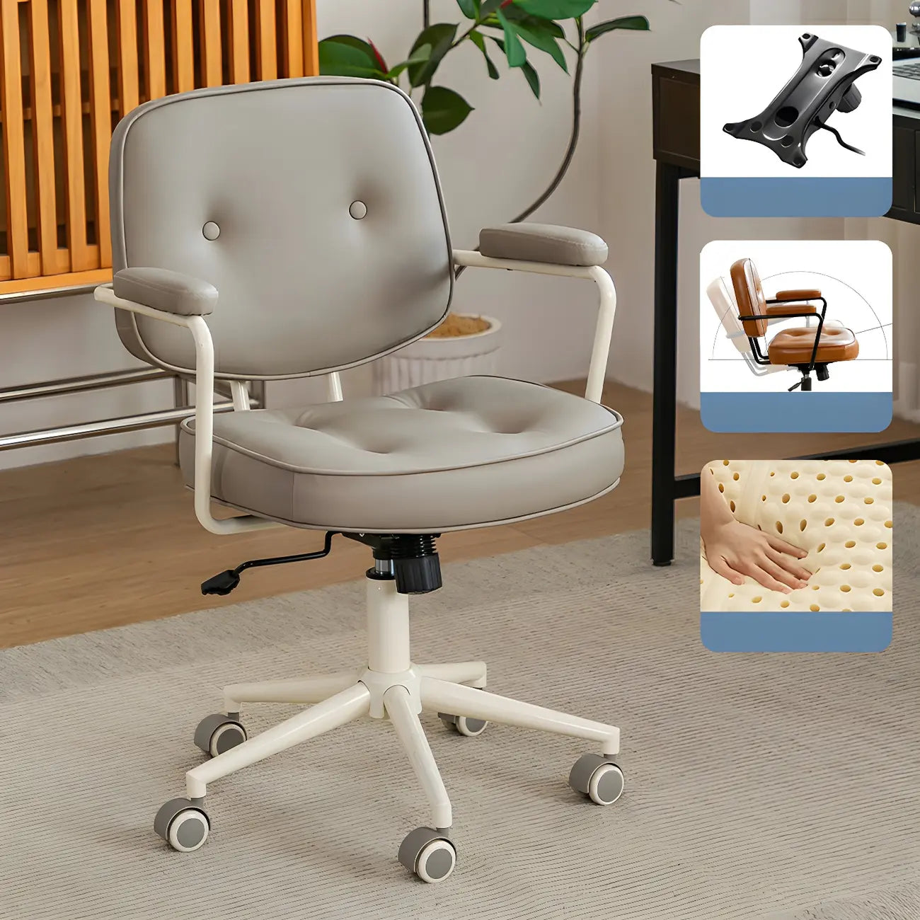 Fauteuil de bureau pivotant moderne en cuir marron à dossier bas