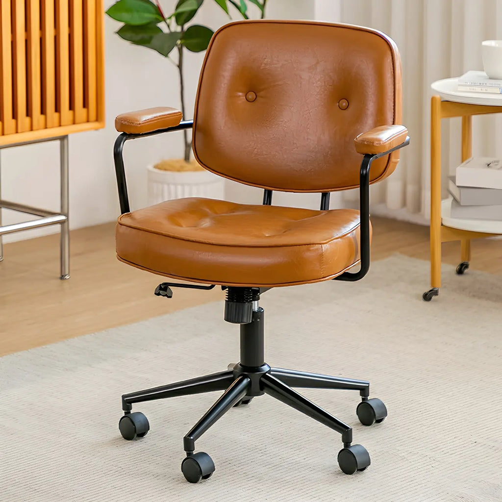Fauteuil de bureau pivotant moderne en cuir marron à dossier bas