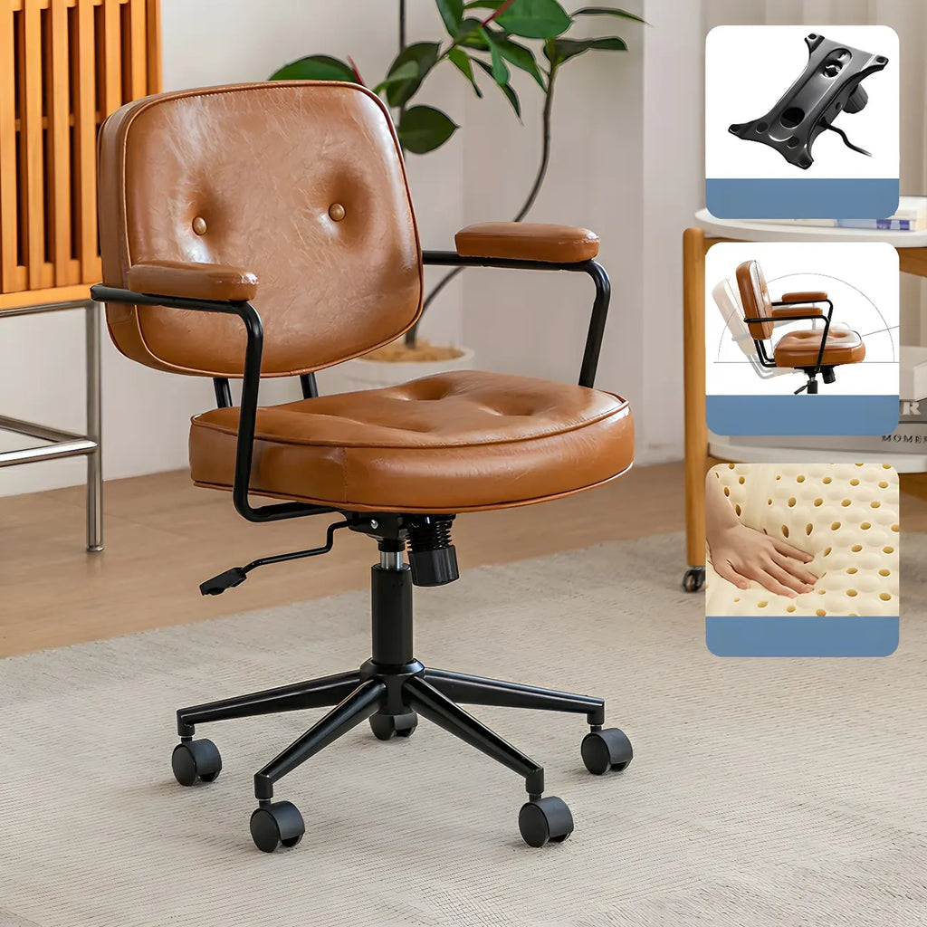 Fauteuil de bureau pivotant moderne en cuir marron à dossier bas