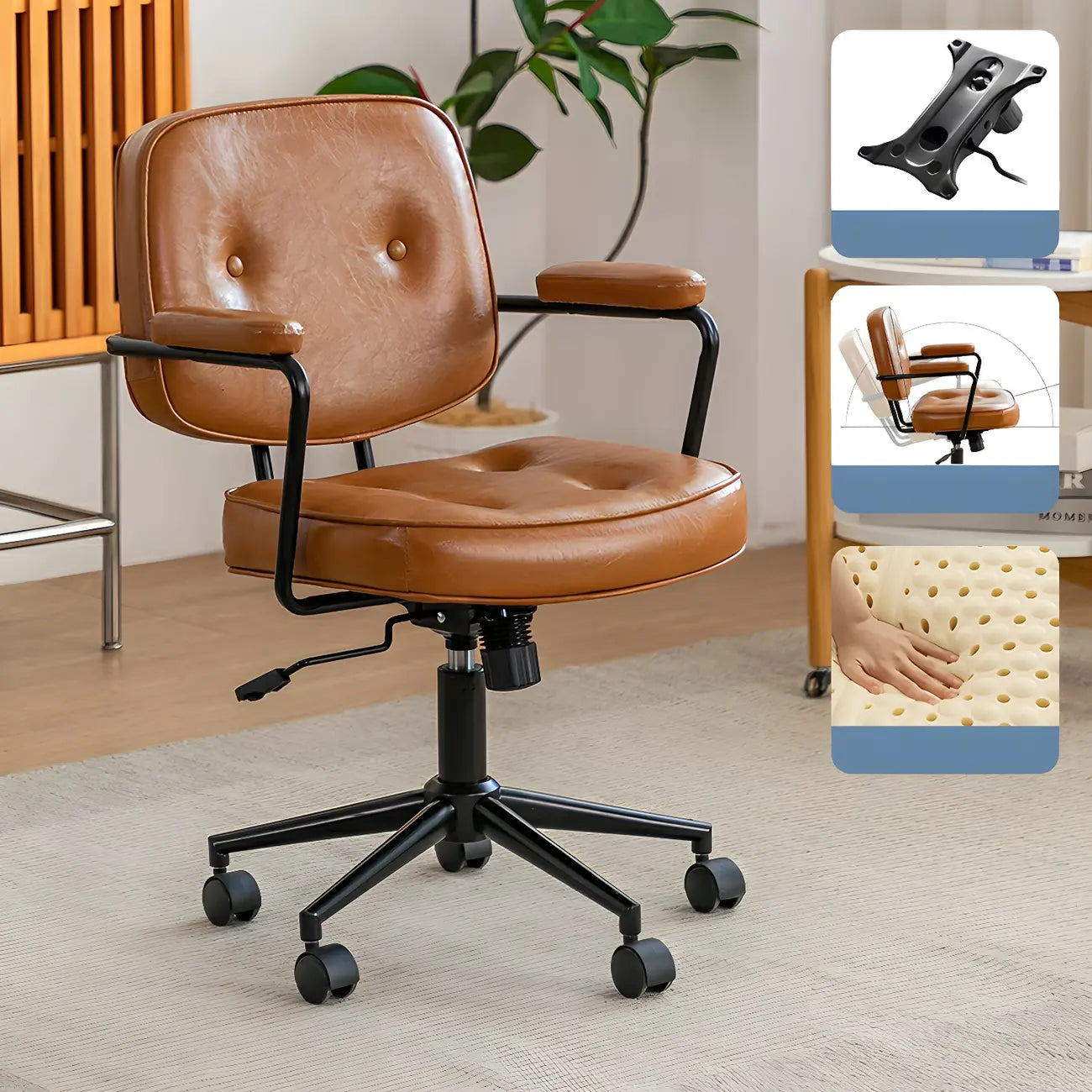 Fauteuil de bureau pivotant moderne en cuir marron à dossier bas