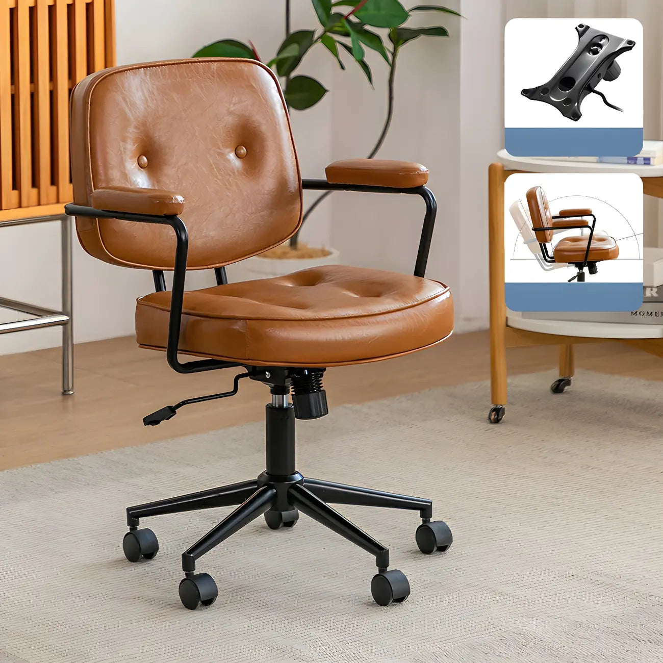 Fauteuil de bureau pivotant moderne en cuir marron à dossier bas