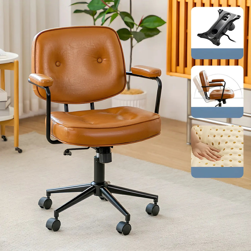 Fauteuil de bureau pivotant moderne en cuir marron à dossier bas