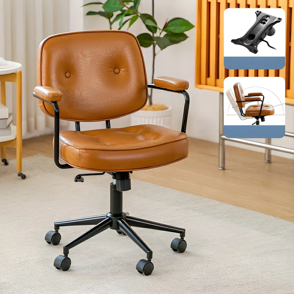 Fauteuil de bureau pivotant moderne en cuir marron à dossier bas