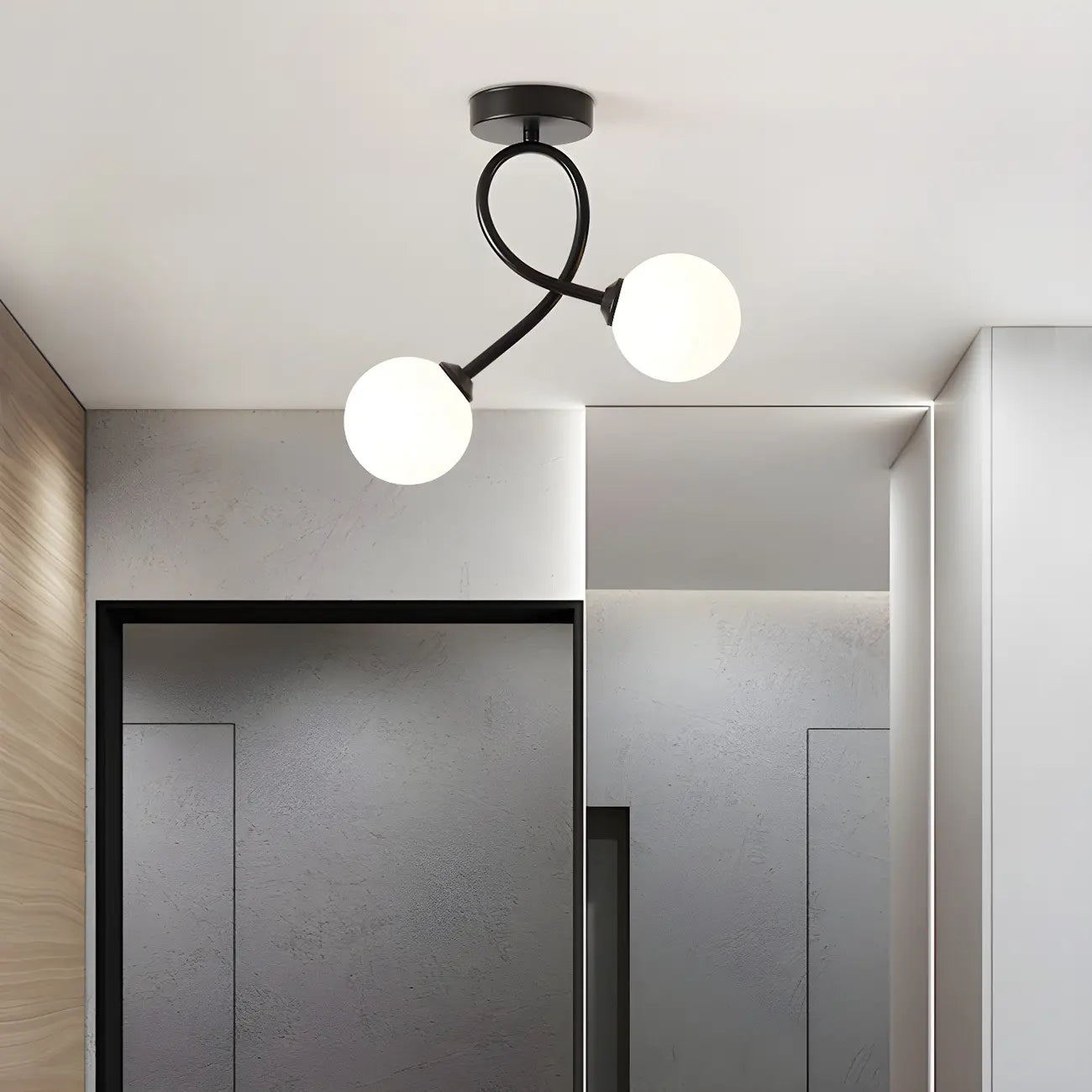 Plafonnier semi-encastré double globe en verre pour couloir