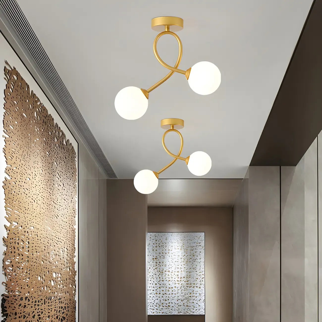 Plafonnier semi-encastré double globe en verre pour couloir