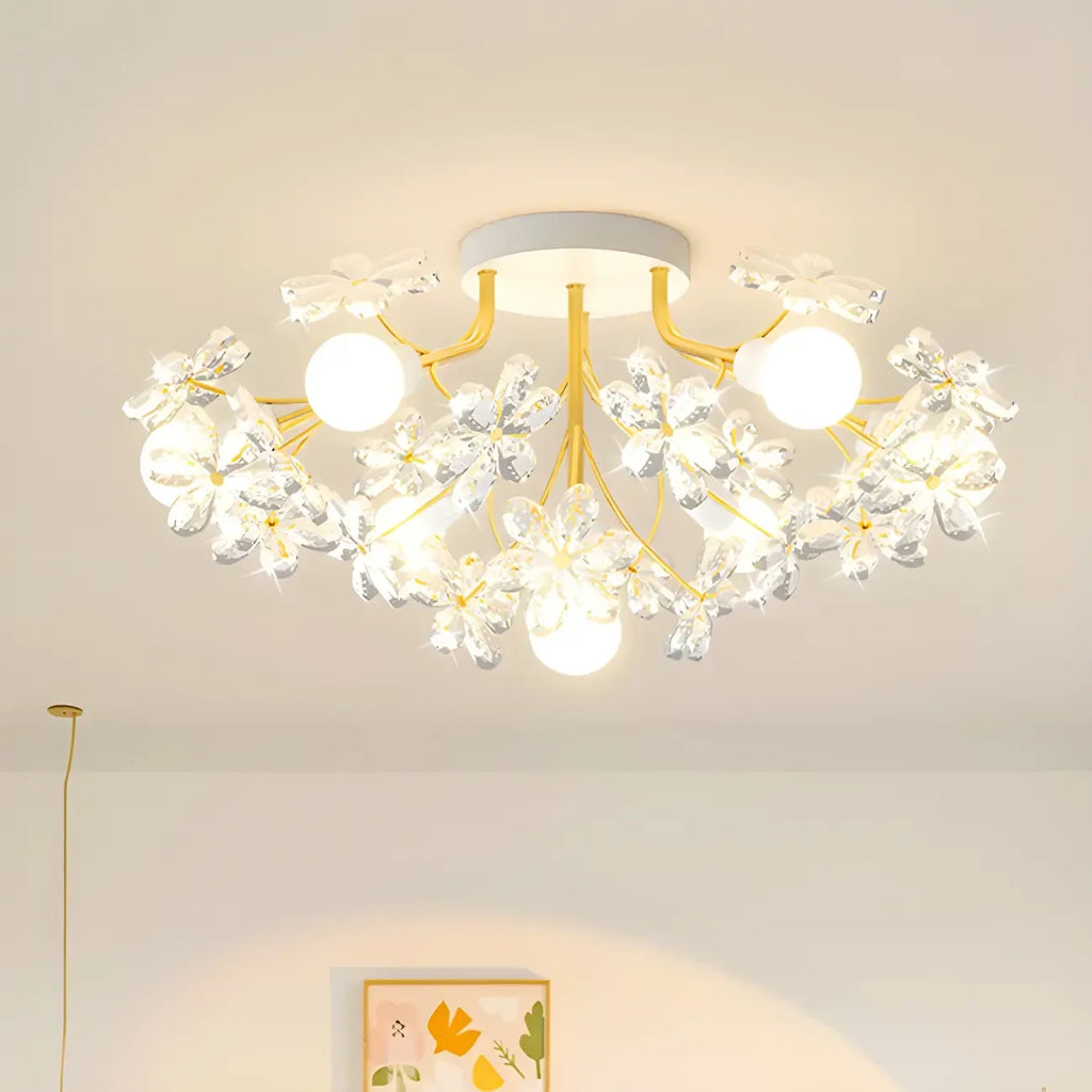 Plafonnier semi-encastré élégant à motif floral en cristal doré