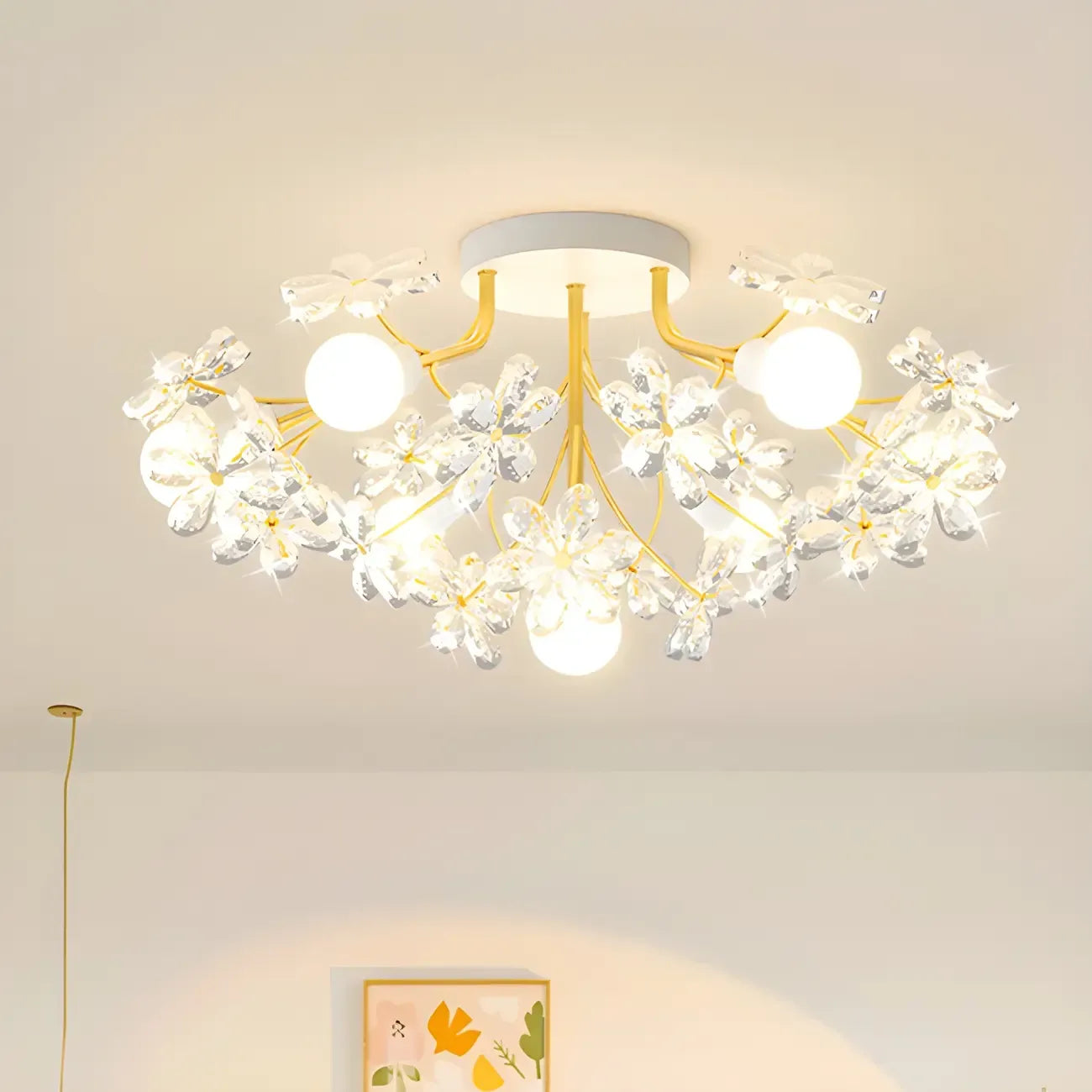 Plafonnier semi-encastré élégant à motif floral en cristal doré