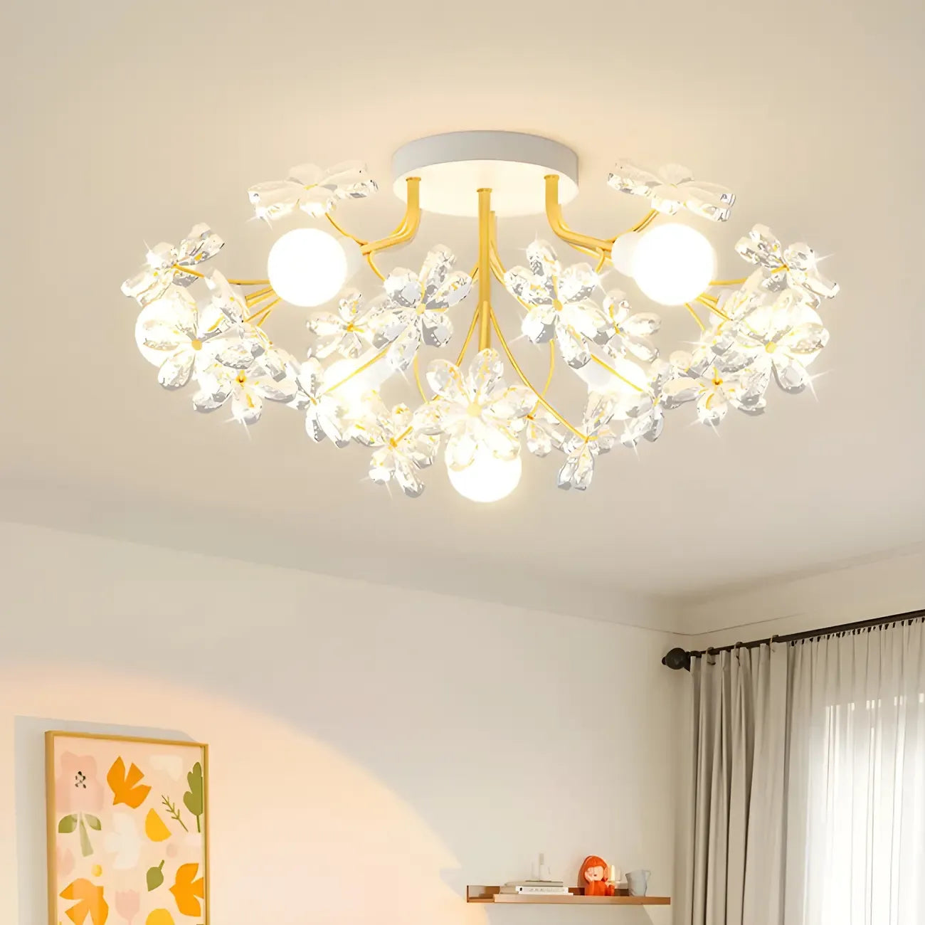 Plafonnier semi-encastré élégant à motif floral en cristal doré