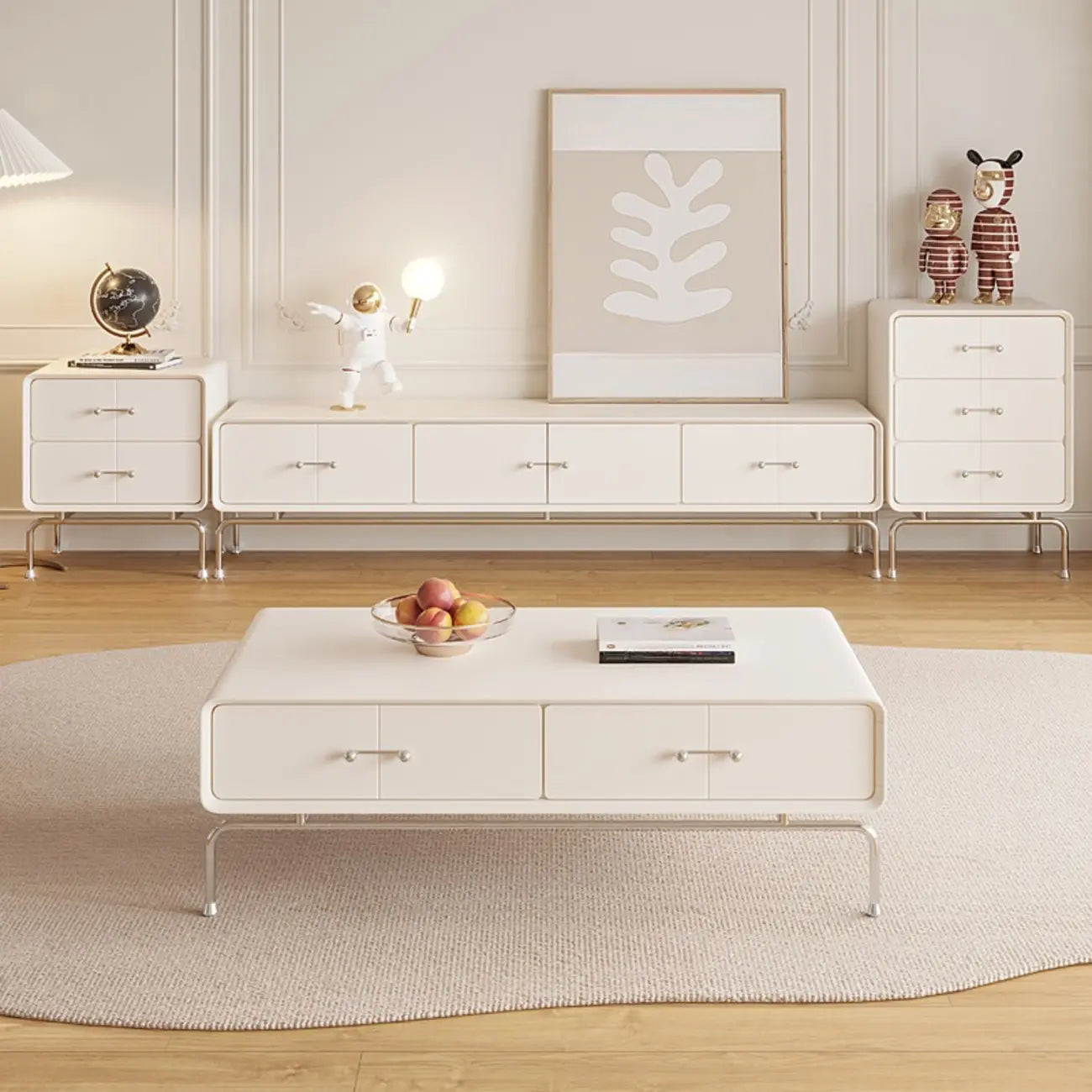 Meuble TV contemporain en bois blanc avec tiroirs et armoire
