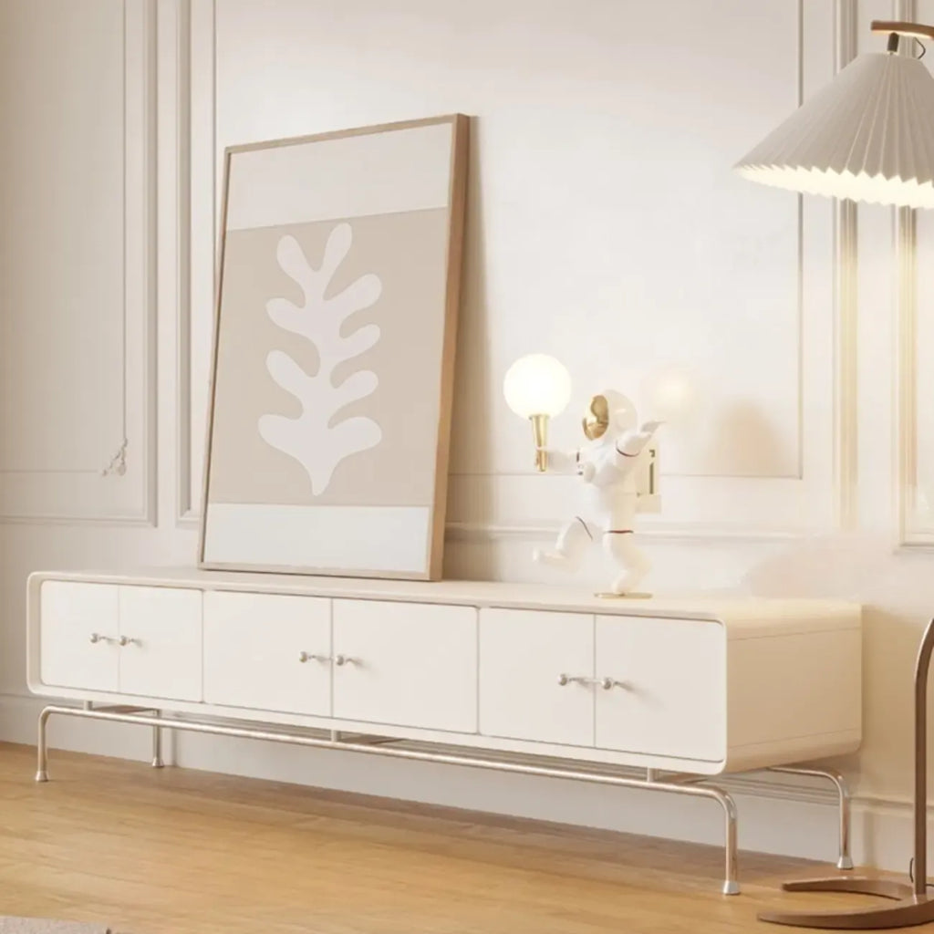 Meuble TV contemporain en bois blanc avec tiroirs et armoire
