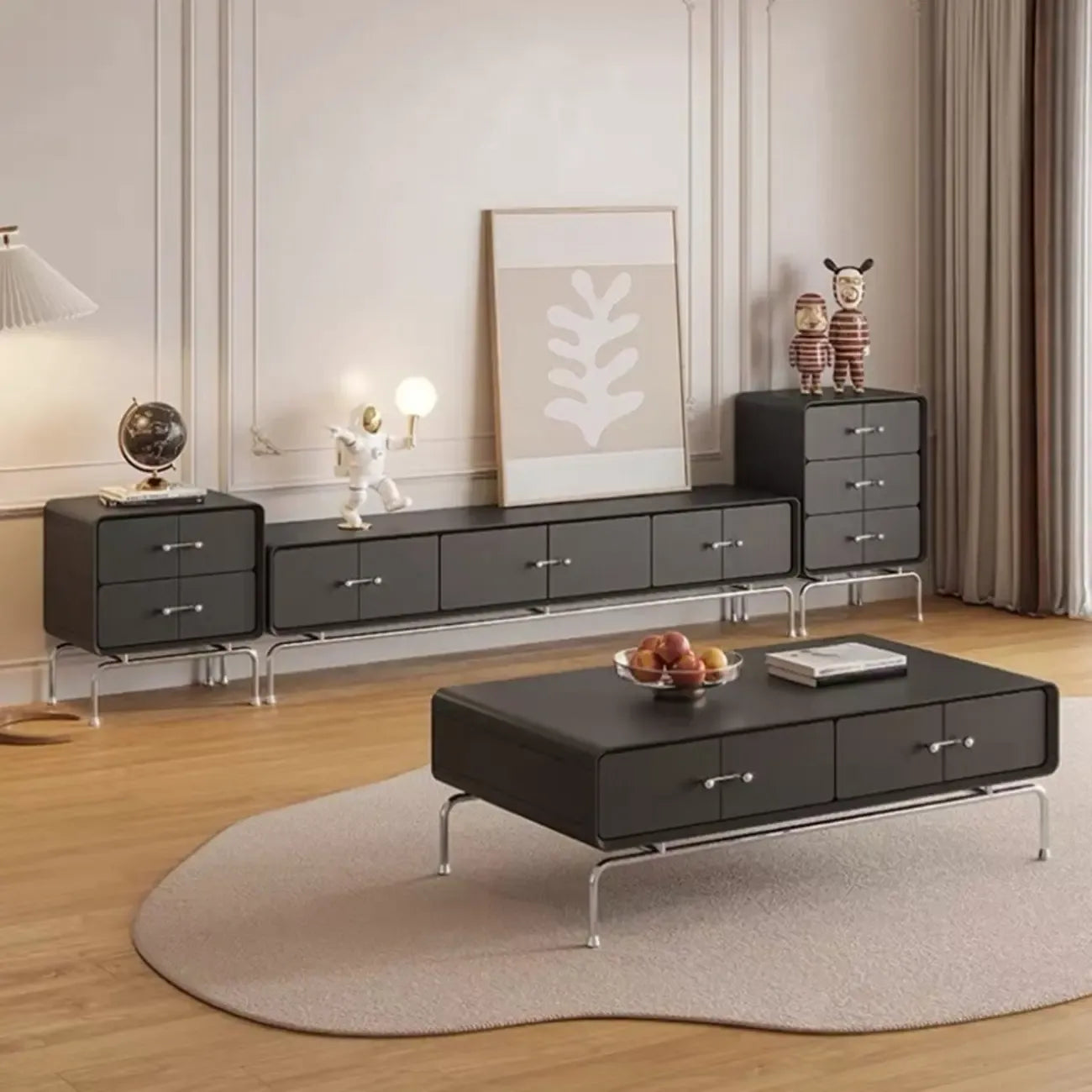 Meuble TV contemporain en bois blanc avec tiroirs et armoire