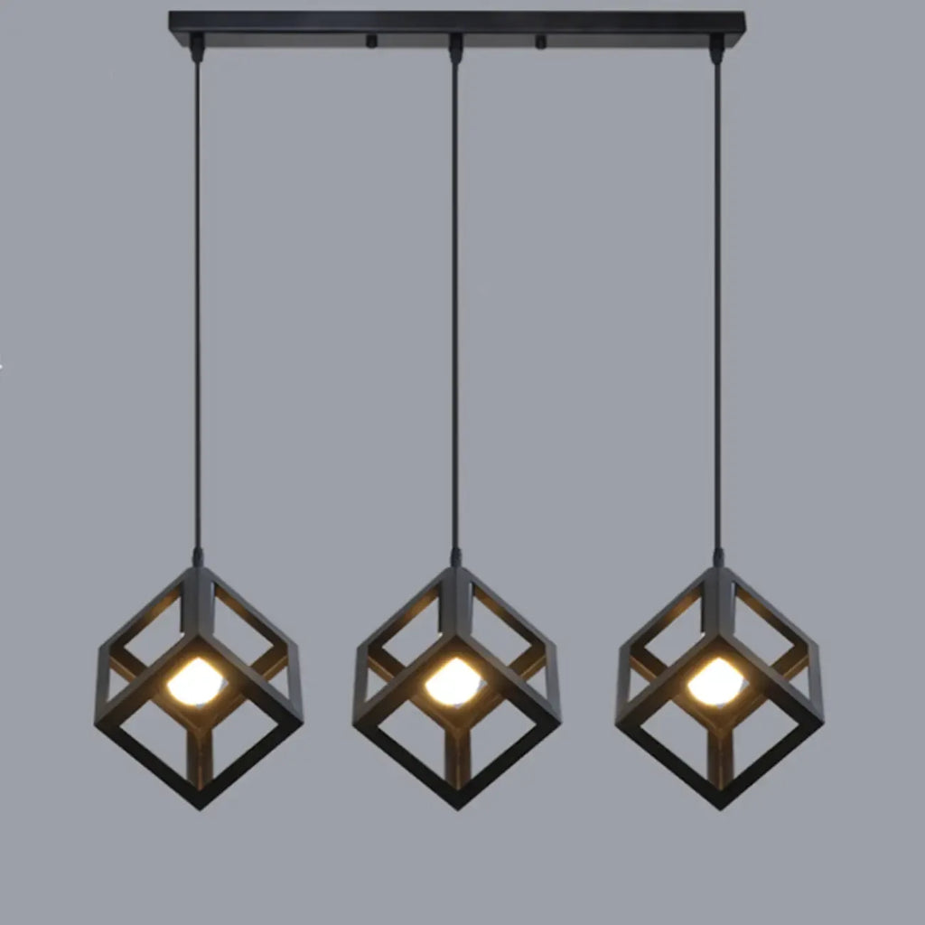 Suspension géométrique industrielle en métal noir pour îlot de lumière