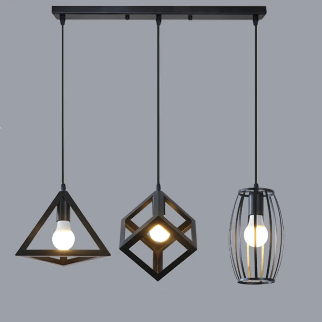 Suspension géométrique industrielle en métal noir pour îlot de lumière