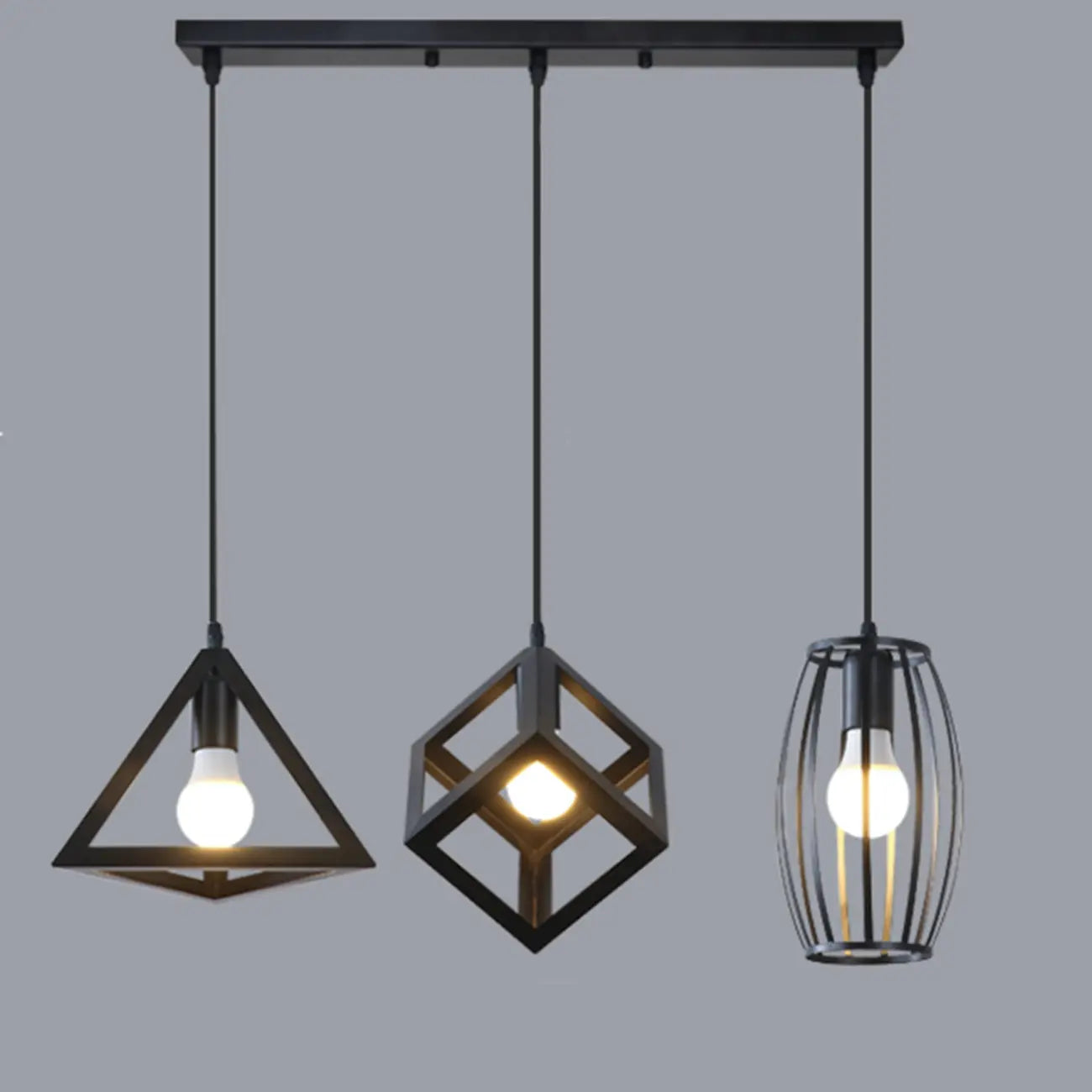 Suspension géométrique industrielle en métal noir pour îlot de lumière