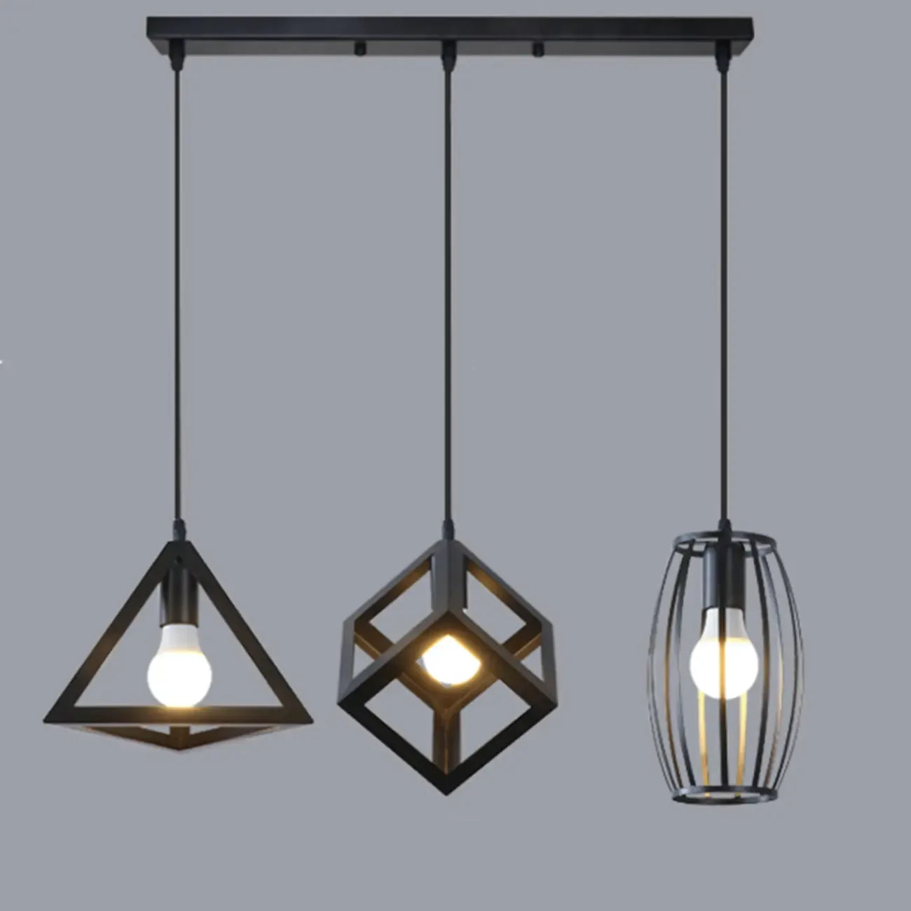 Suspension géométrique industrielle en métal noir pour îlot de lumière
