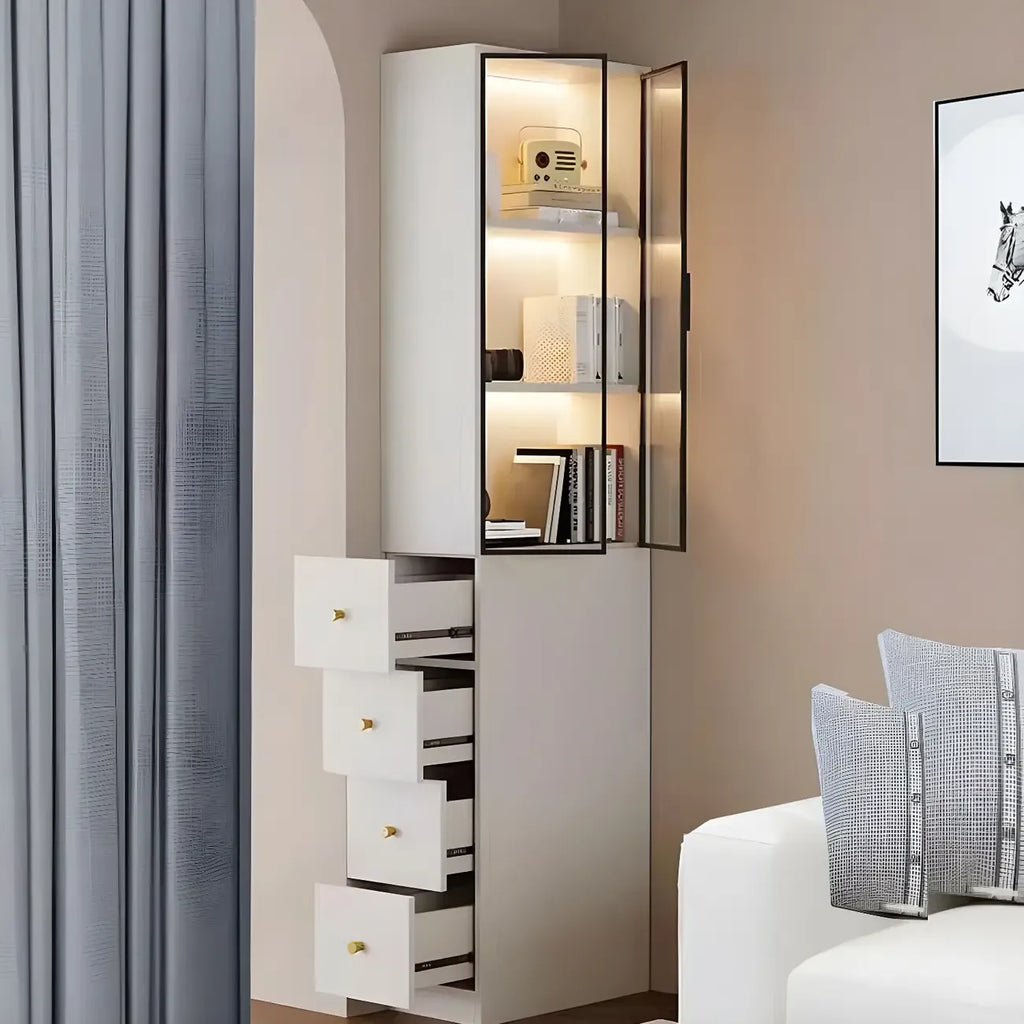 Armoire de rangement moderne en bois blanc et vitres avec 4 tiroirs