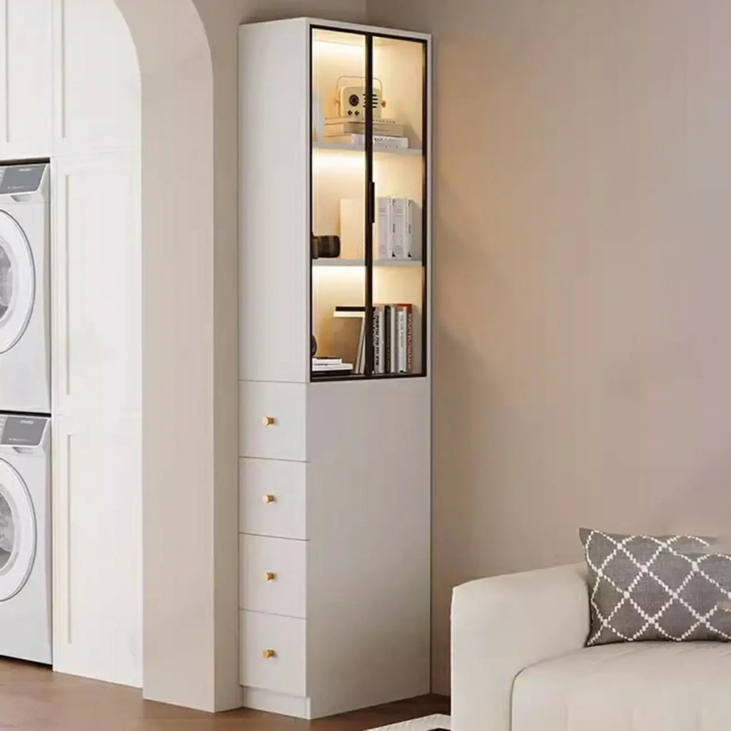 Armoire de rangement moderne en bois blanc et vitres avec 4 tiroirs