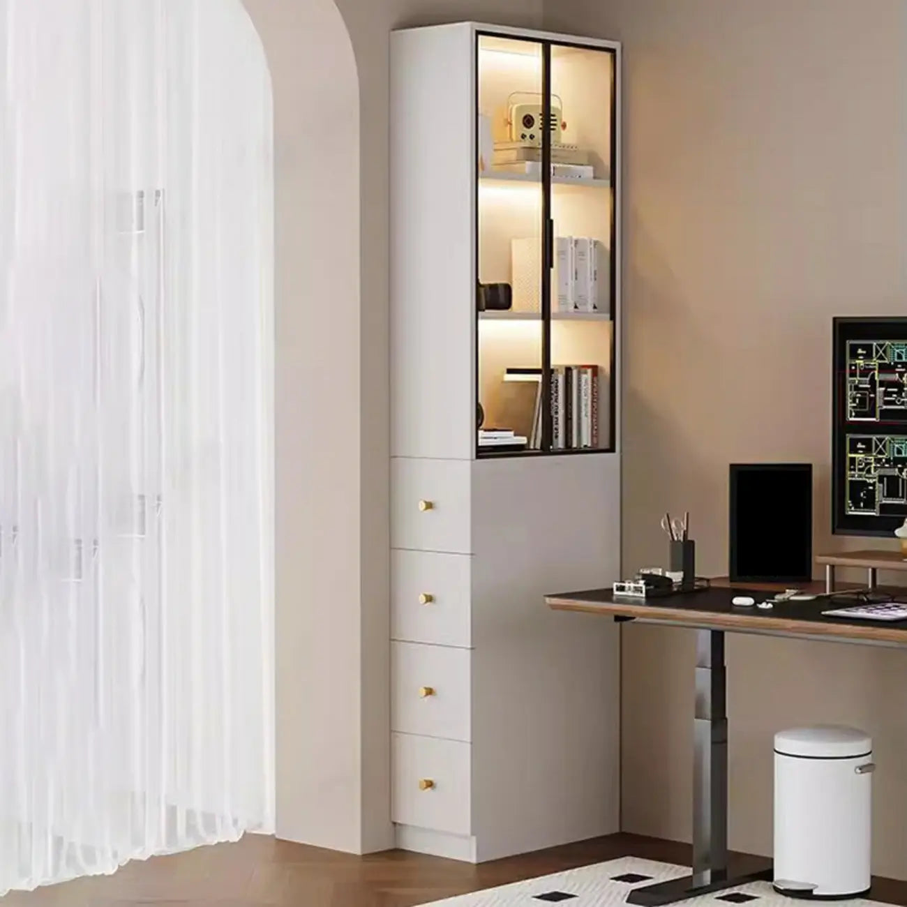 Armoire de rangement moderne en bois blanc et vitres avec 4 tiroirs