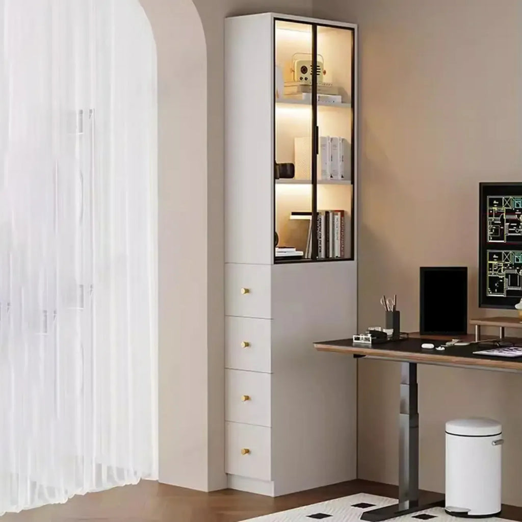 Armoire de rangement moderne en bois blanc et vitres avec 4 tiroirs
