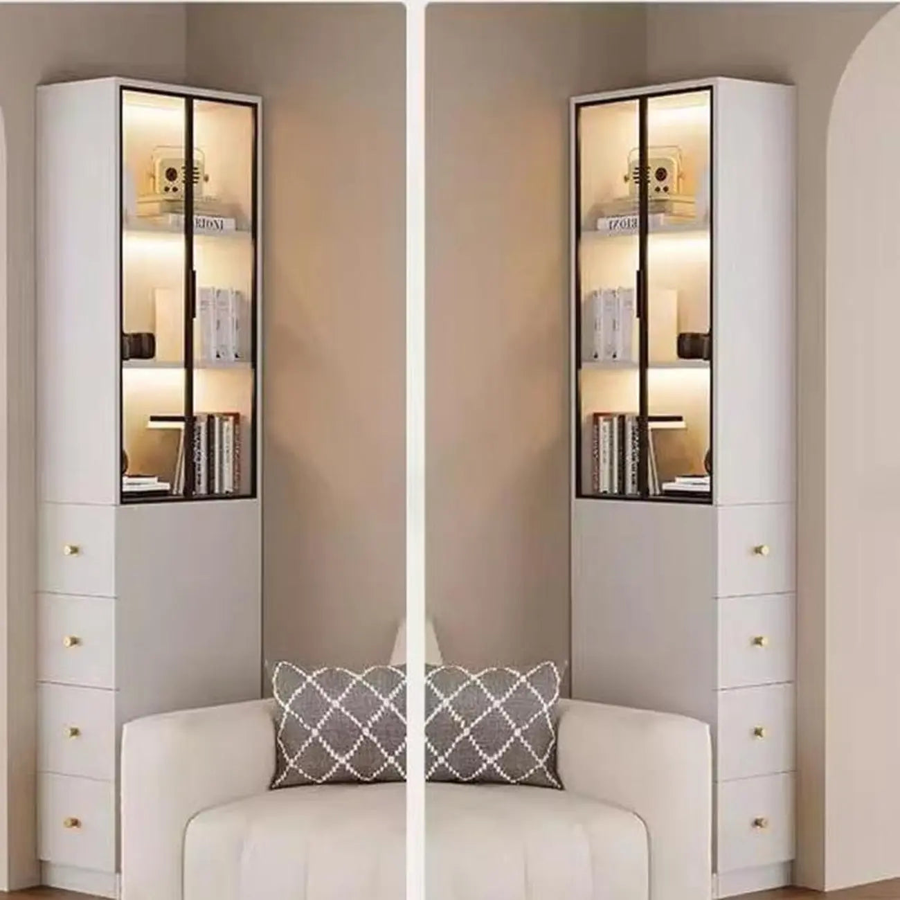 Armoire de rangement moderne en bois blanc et vitres avec 4 tiroirs