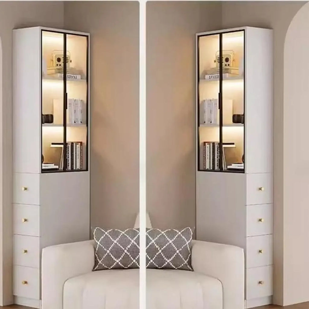 Armoire de rangement moderne en bois blanc et vitres avec 4 tiroirs