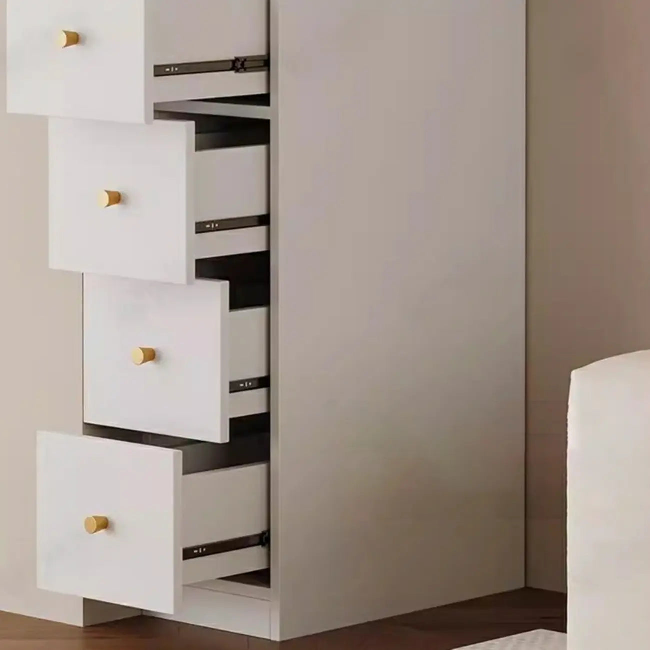 Armoire de rangement moderne en bois blanc et vitres avec 4 tiroirs
