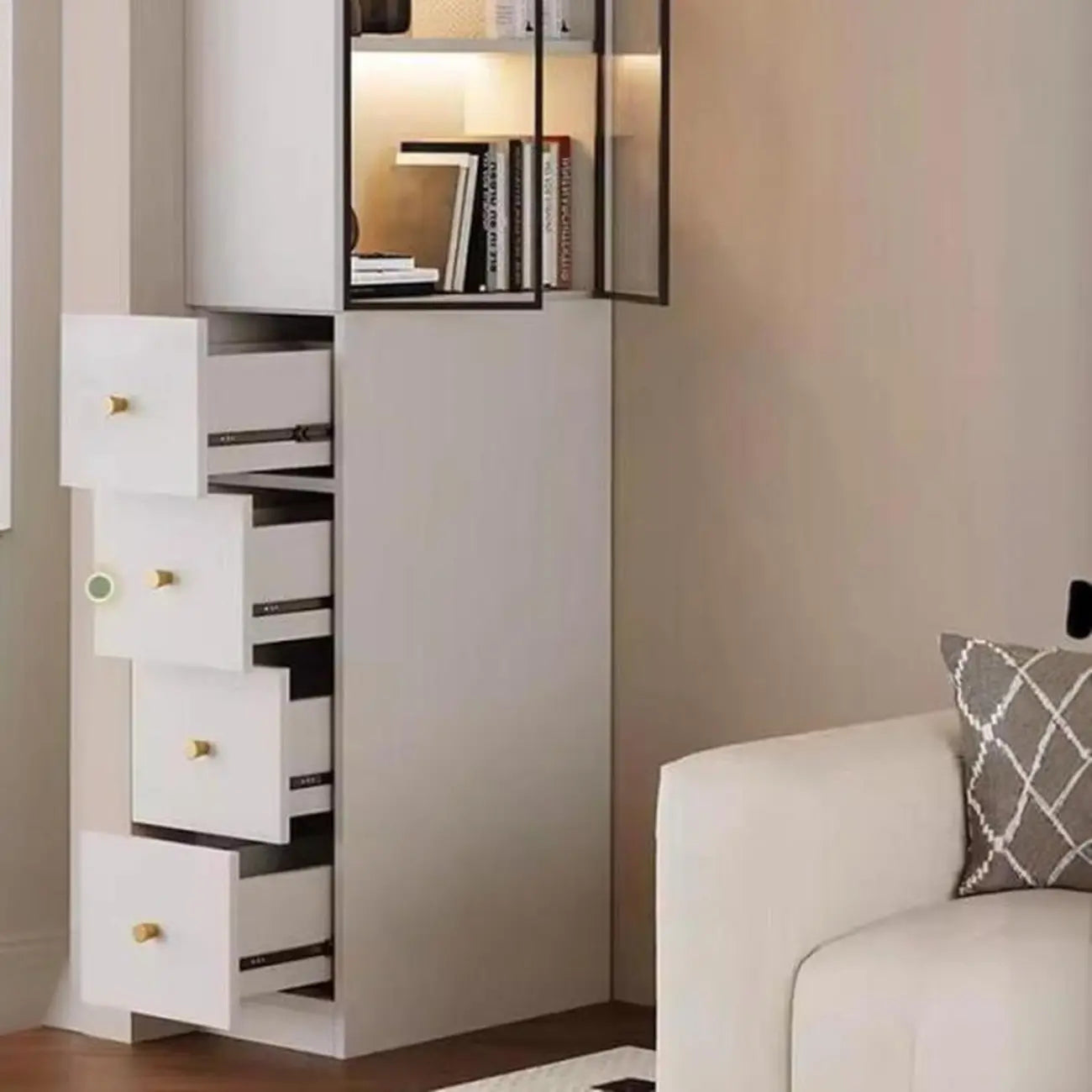 Armoire de rangement moderne en bois blanc et vitres avec 4 tiroirs