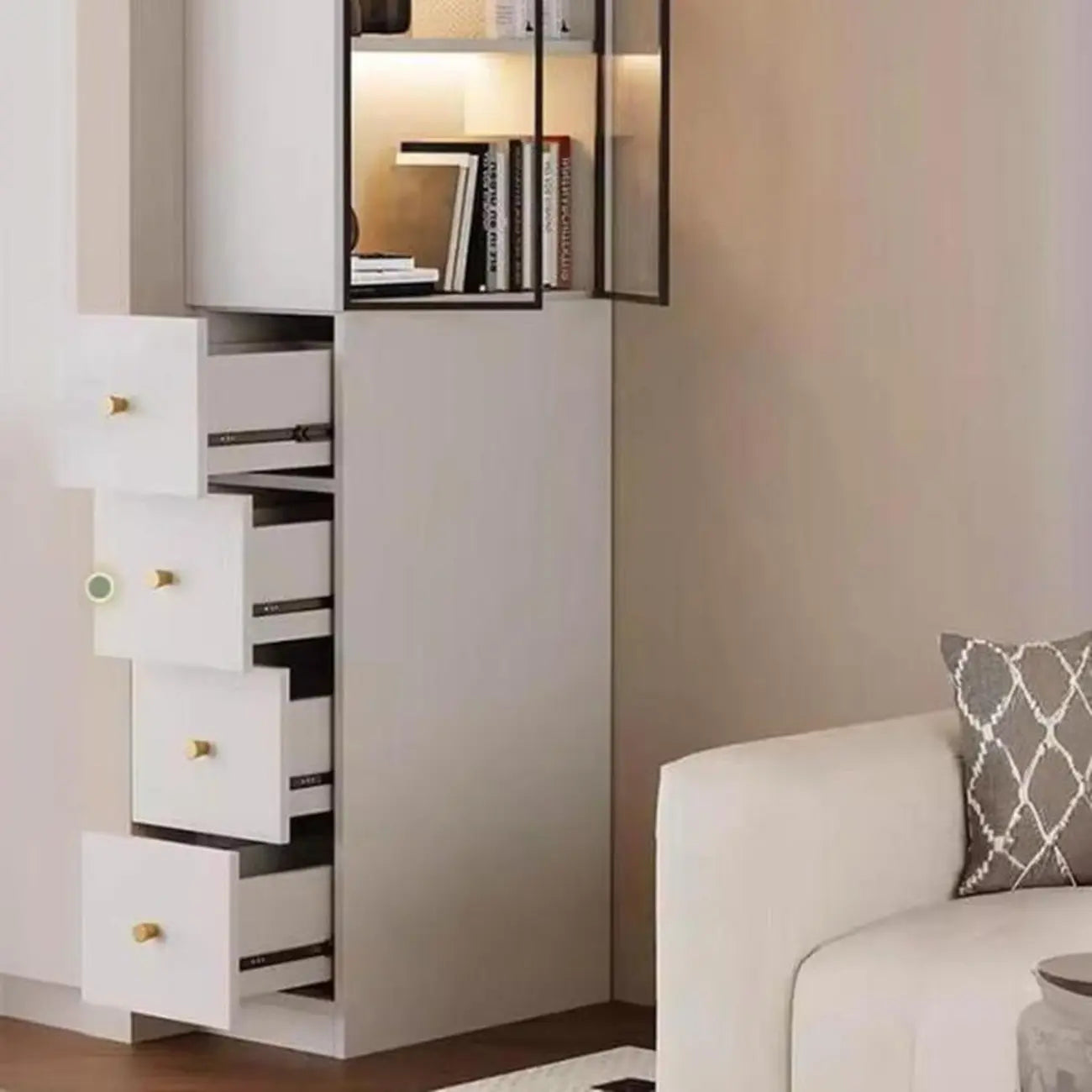 Armoire de rangement moderne en bois blanc et vitres avec 4 tiroirs