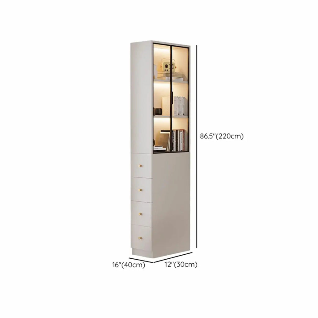 Armoire de rangement moderne en bois blanc et vitres avec 4 tiroirs