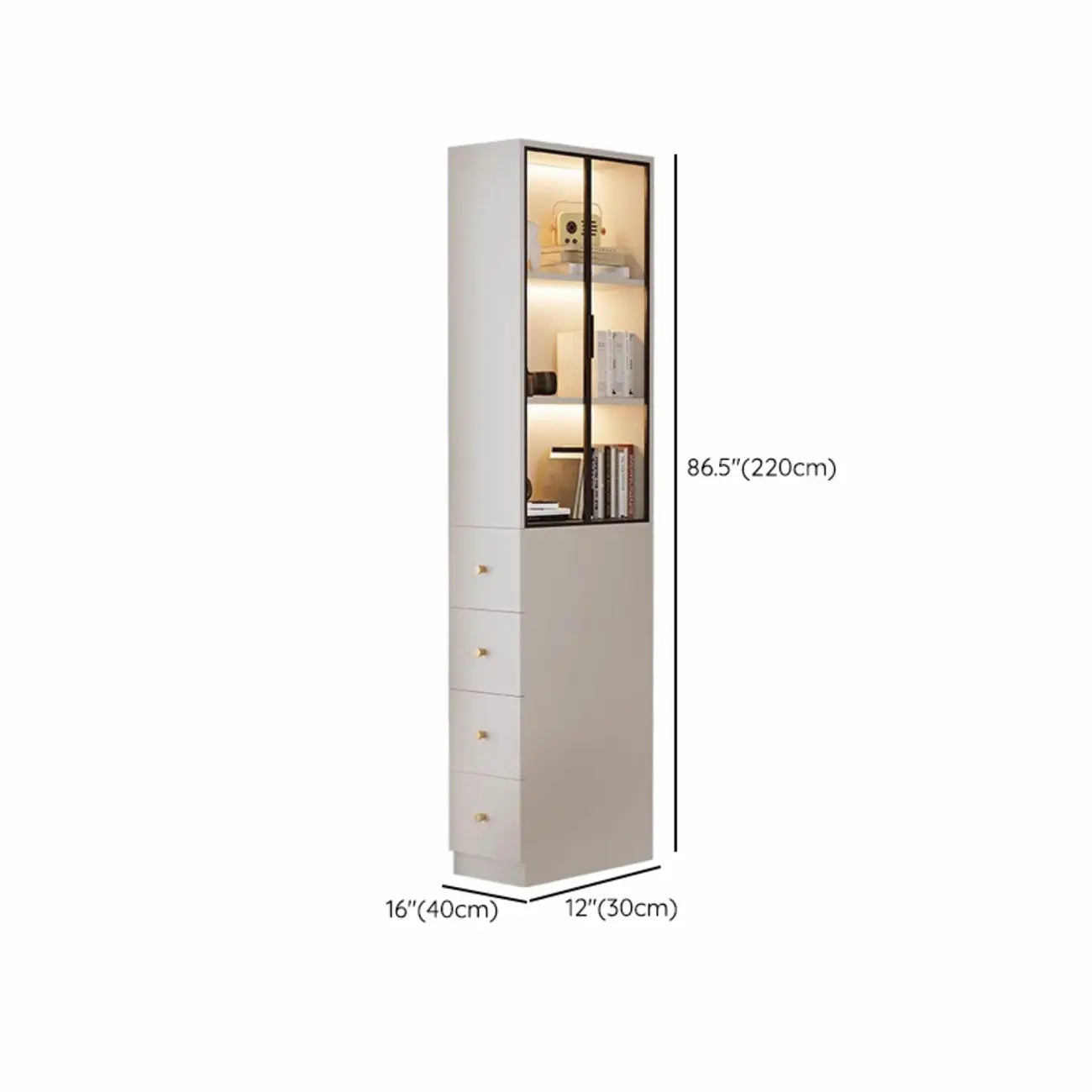 Armoire de rangement moderne en bois blanc et vitres avec 4 tiroirs
