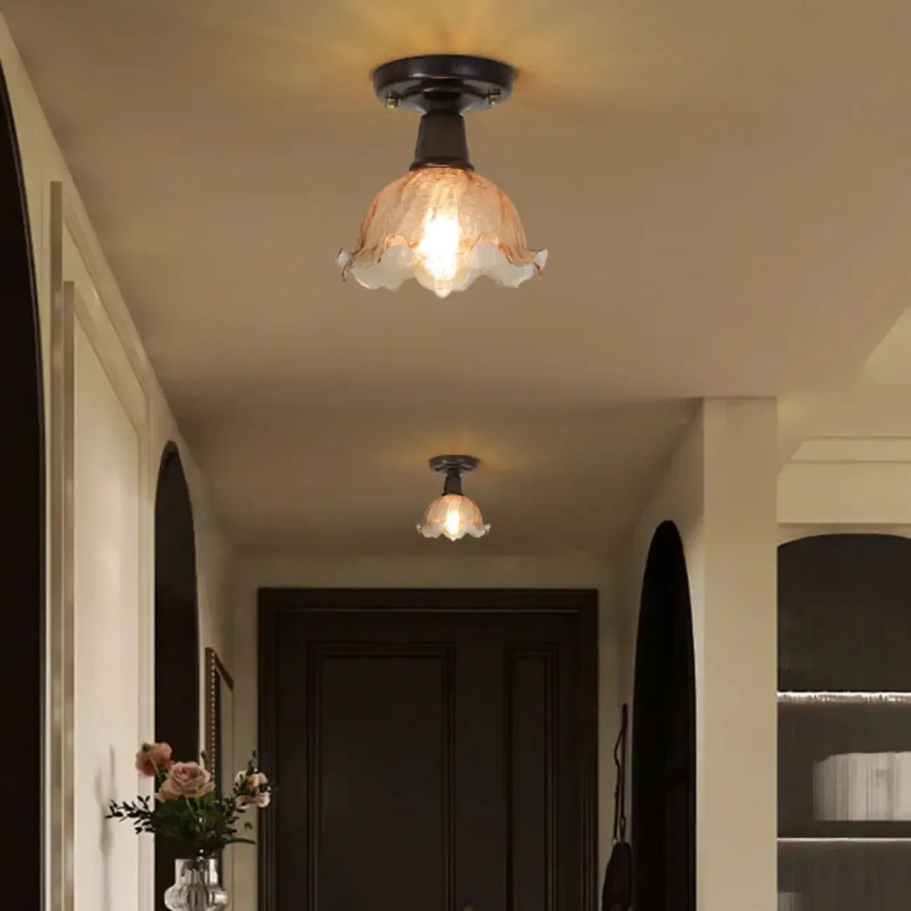 Plafonnier semi-encastré vintage en verre brun à motif floral, 1 lumière